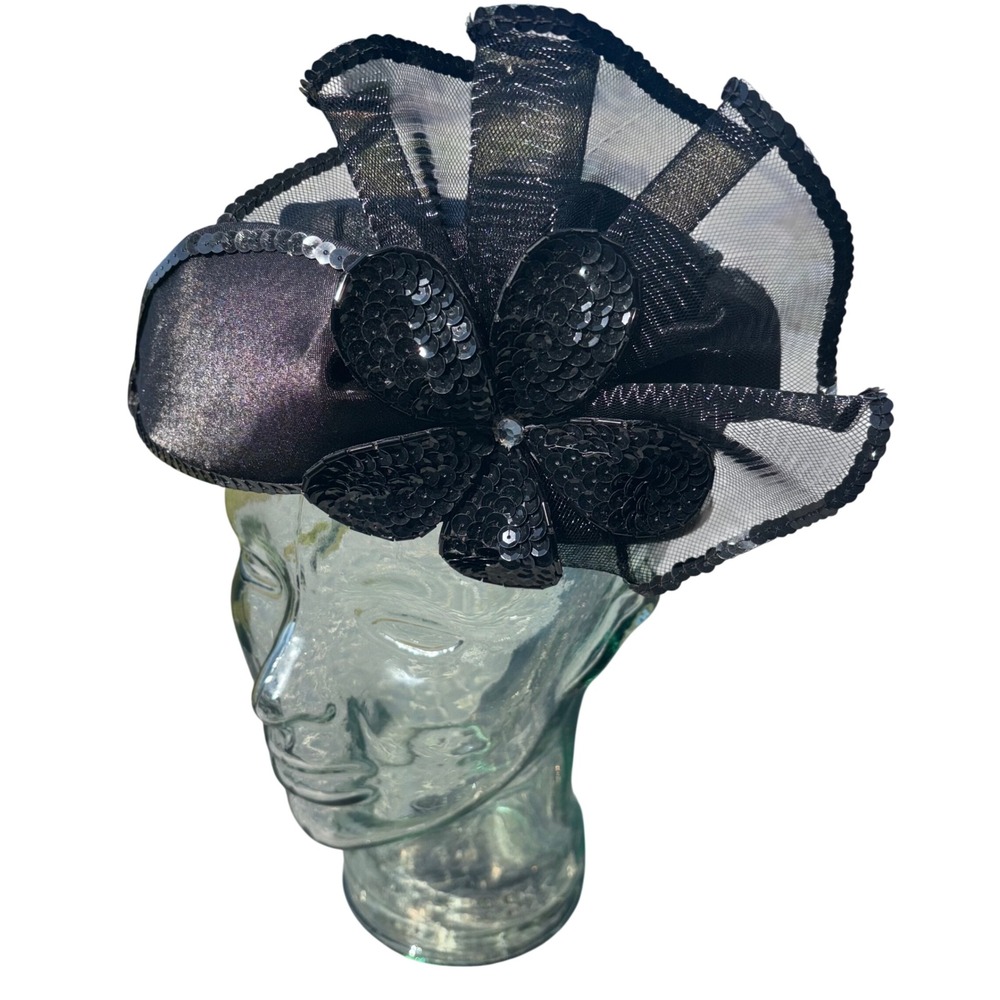 Mr Hi's Classic Black Pillbox Hat Sequin Flower Mesh Fascinator Derby Church Hat